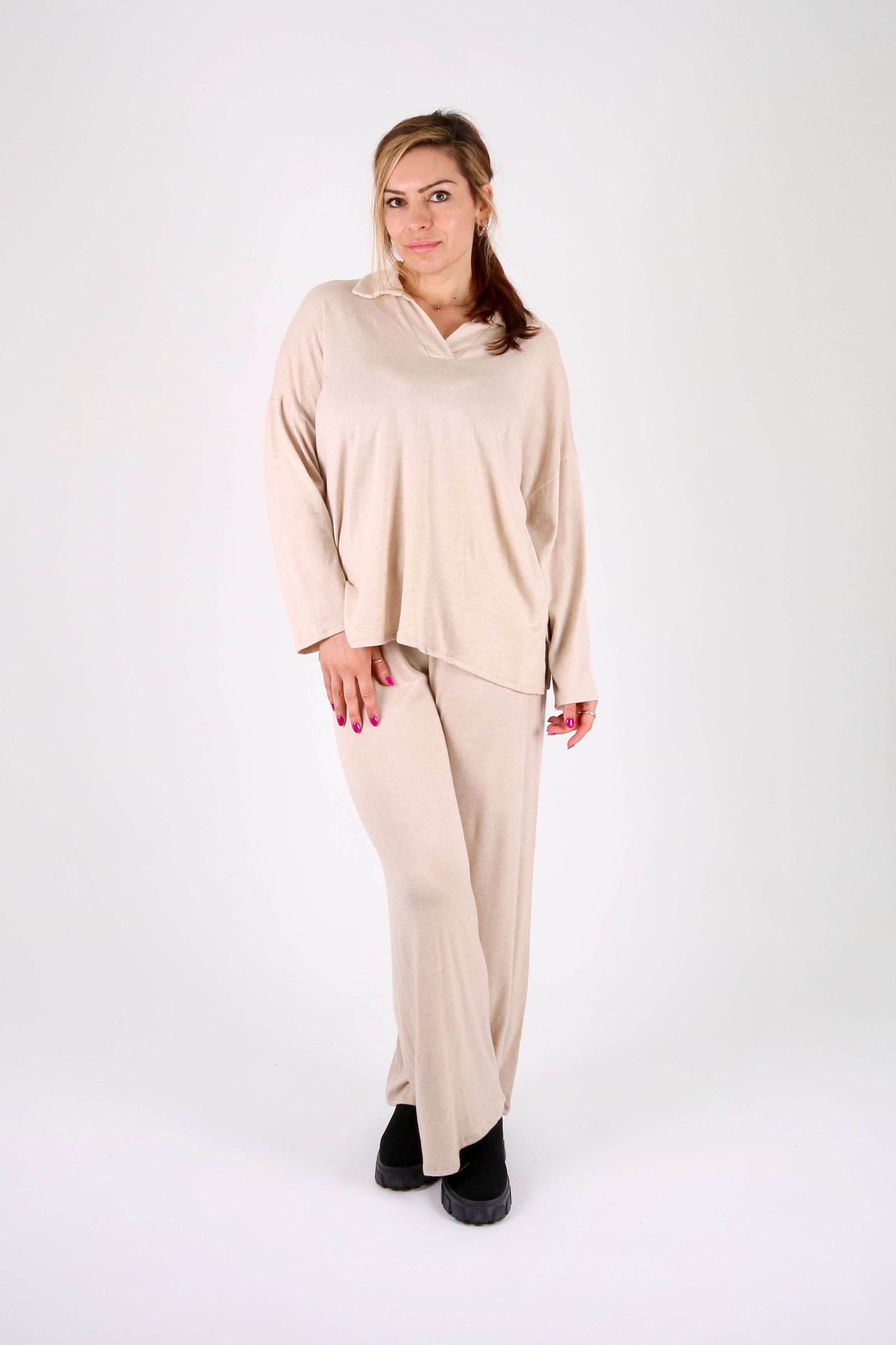 Soft Touch Collar Detail Lounge Set - Pinstripe