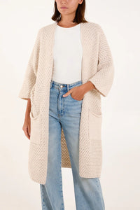 Tricot Knit Pockets Long Cardigan - Pinstripe