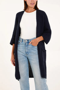 Tricot Knit Pockets Long Cardigan - Pinstripe