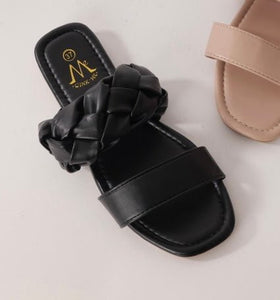 Alex - Plaited Strap Faux Leather Sliders - Pinstripe