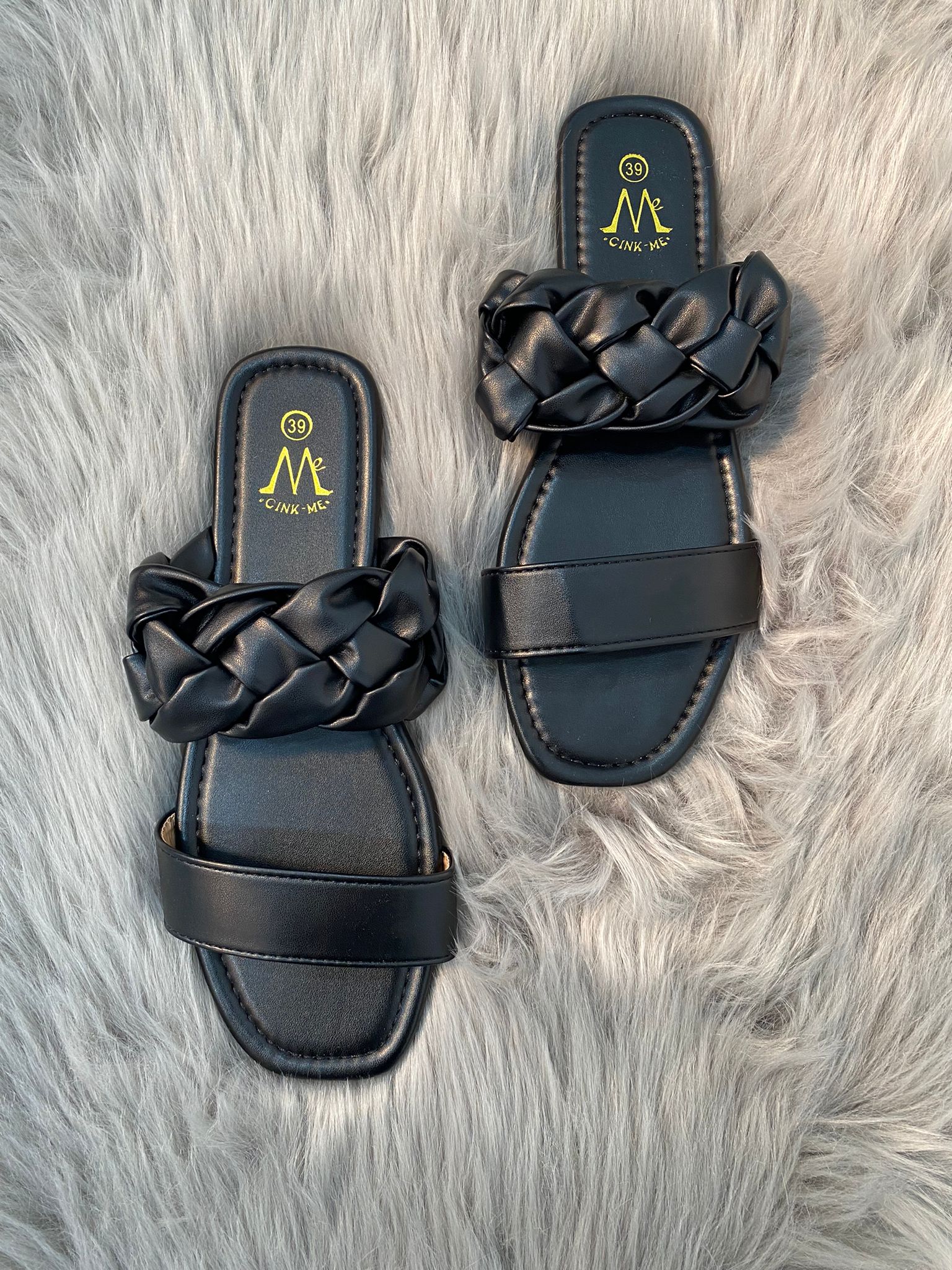 Alex - Plaited Strap Faux Leather Sliders - Pinstripe