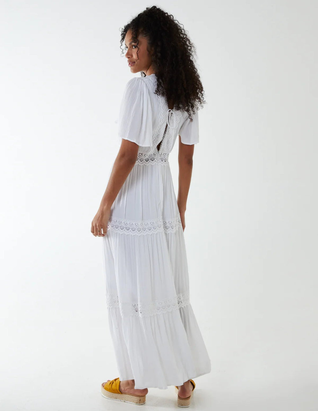 Angel Sleeve Lace Tiered Maxi Dress - Pinstripe