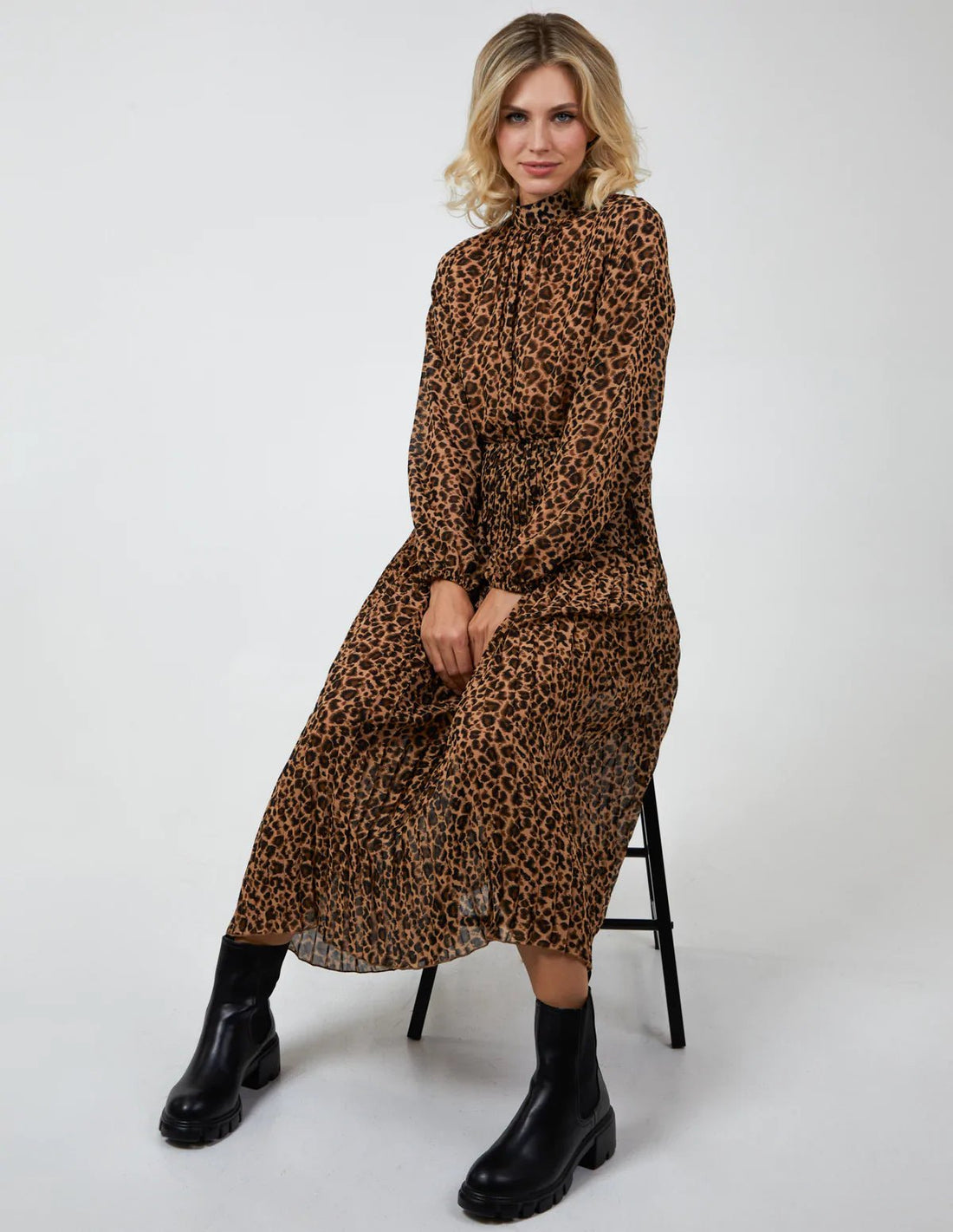 Animal Print High Neck Blouson Pleated Dress Pinstripe