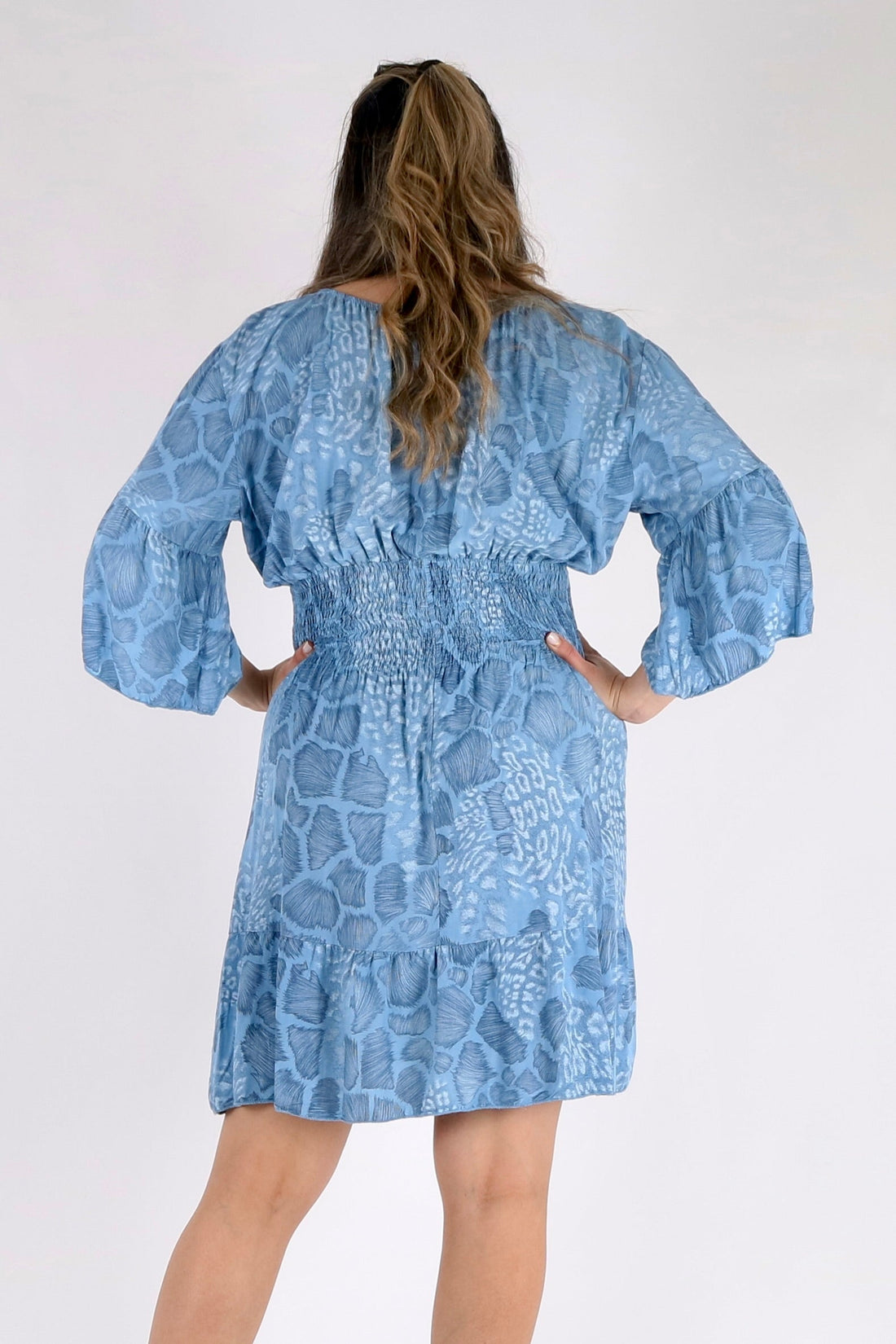 Animal Print Ruffle Short Dress Shirred Waist - Pinstripe