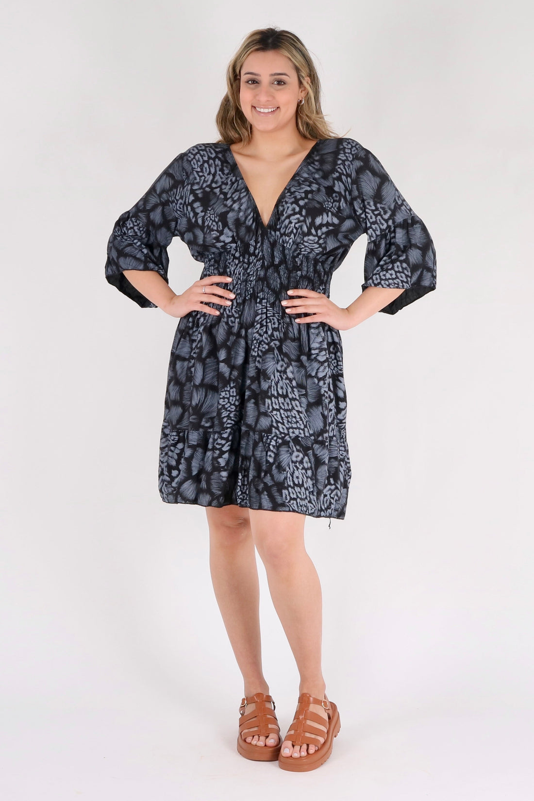 Animal Print Ruffle Short Dress Shirred Waist - Pinstripe