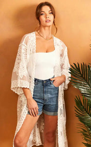 Aria - Boho Lace Kimono In Ivory - Pinstripe