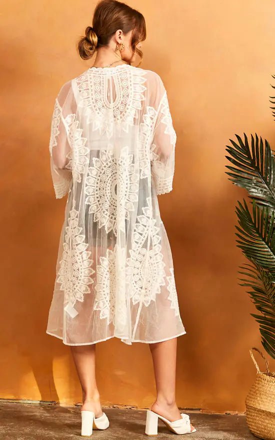 Aria - Boho Lace Kimono In Ivory - Pinstripe