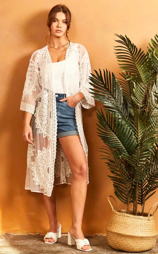 Aria - Boho Lace Kimono In Ivory - Pinstripe