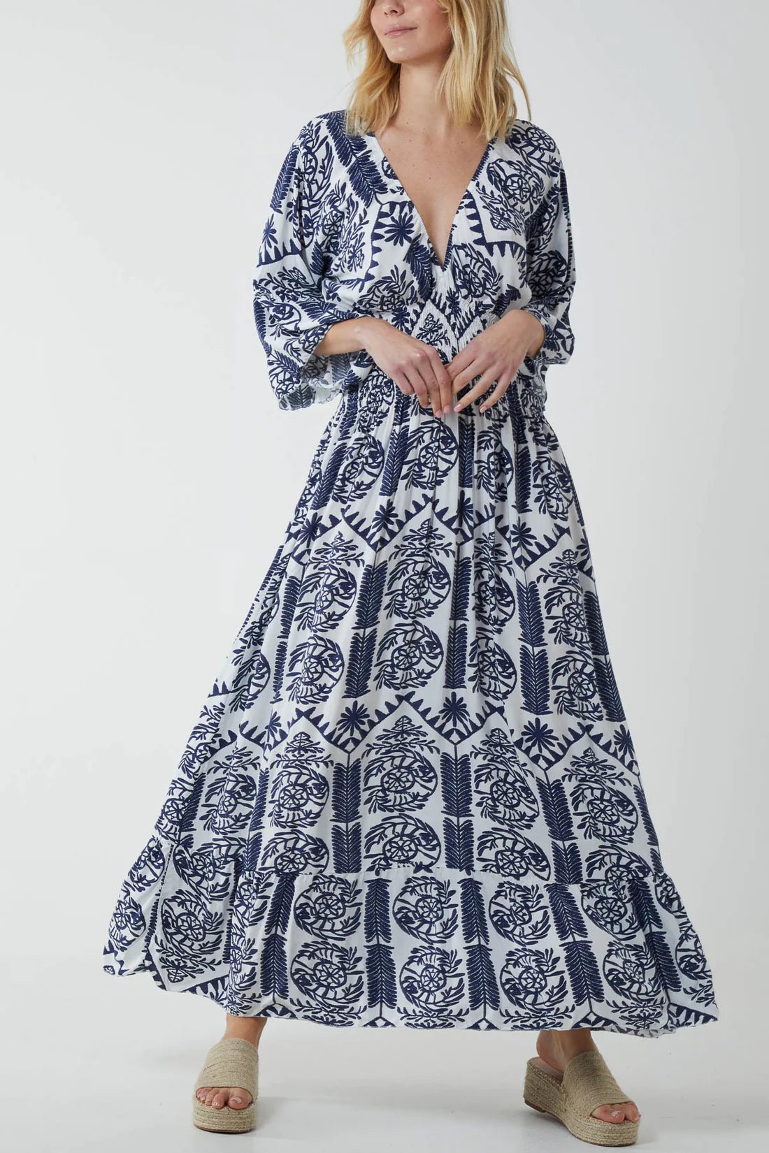 Aztec Baroque Shirred Bodice Maxi Dress Pinstripe