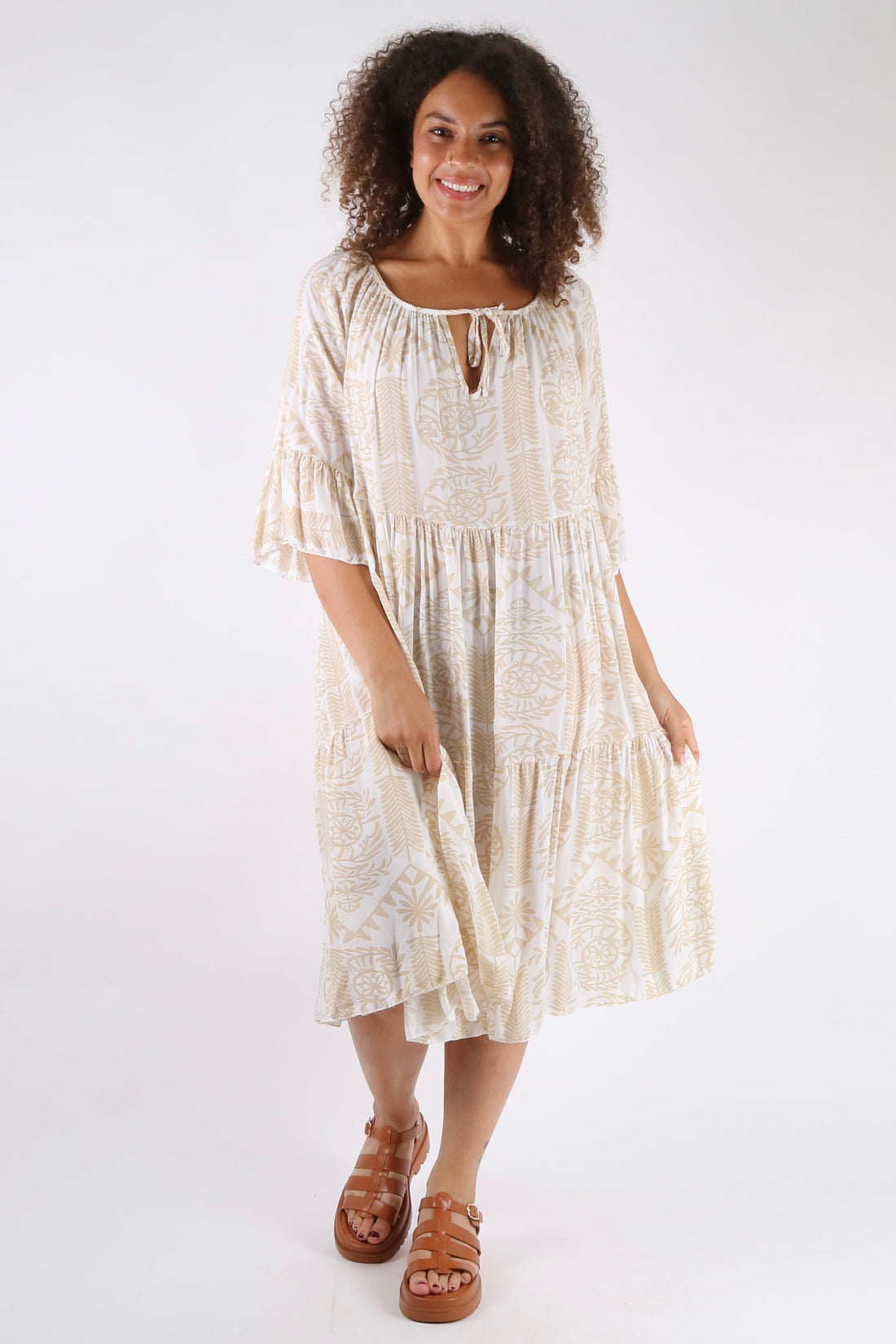 Aztec Print Neck Tie Smock Dress - Pinstripe