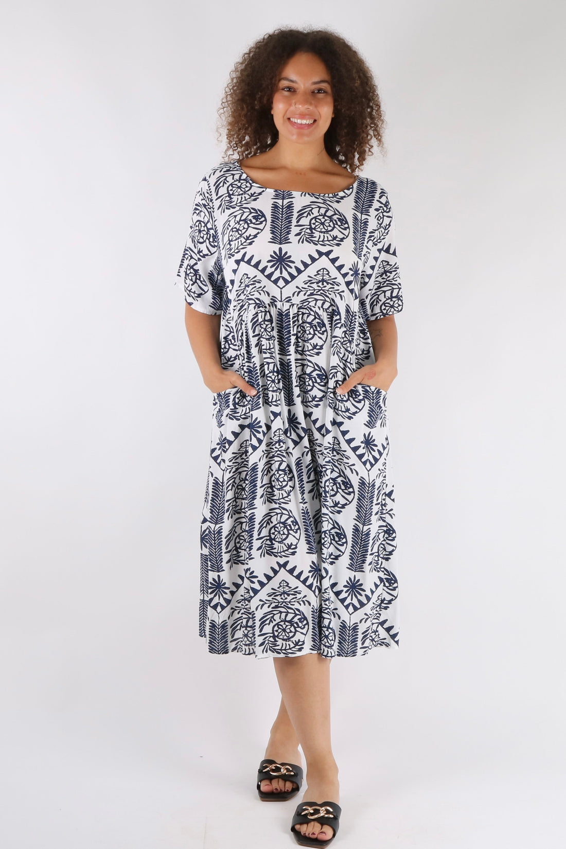 Aztec Print Neck Tie Smock Dress With Pockets - Pinstripe