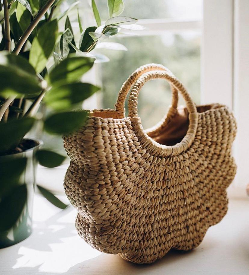 Beach Vintage Wicker Woven Handbag Rattan Straw Tote - Pinstripe