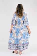 Load image into Gallery viewer, Blue Floral Print Ruffle Hem Maxi Dress - Pinstripe
