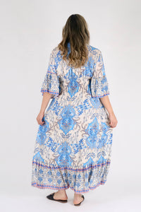 Blue Floral Print Ruffle Hem Maxi Dress - Pinstripe