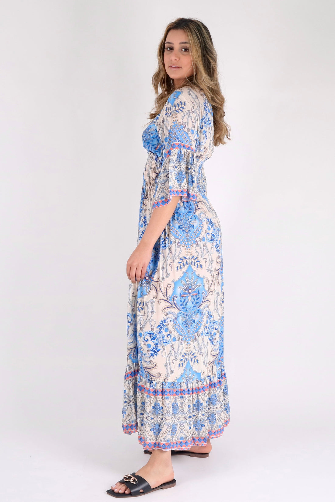 Blue Floral Print Ruffle Hem Maxi Dress - Pinstripe