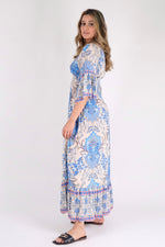 Load image into Gallery viewer, Blue Floral Print Ruffle Hem Maxi Dress - Pinstripe
