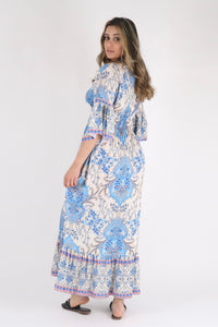 Blue Floral Print Ruffle Hem Maxi Dress - Pinstripe