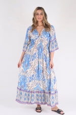 Load image into Gallery viewer, Blue Floral Print Ruffle Hem Maxi Dress - Pinstripe
