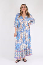 Load image into Gallery viewer, Blue Floral Print Ruffle Hem Maxi Dress - Pinstripe
