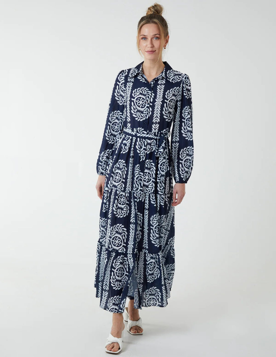 Button Down Tiered Maxi Dress - Pinstripe