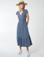 Load image into Gallery viewer, Celine - Button Detail Mono Flower Print Midi Dress - Pinstripe
