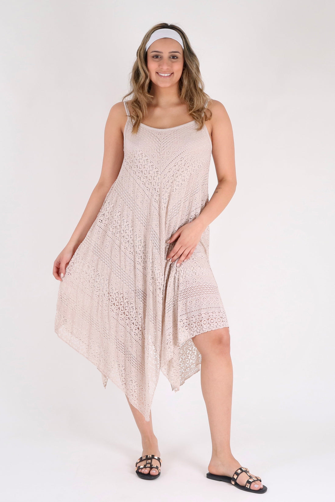 Crochet Asymmetric Hem Lace Dress - Pinstripe