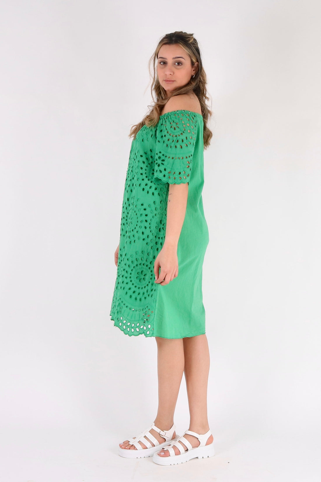 Crochet Short Sleeve Midi Dress - Pinstripe