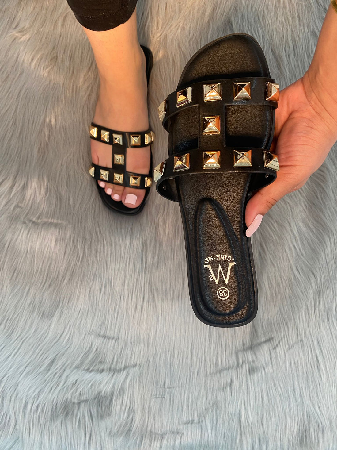 Darlina - Studded Jewel Cut Out Slip On Sandals - Pinstripe