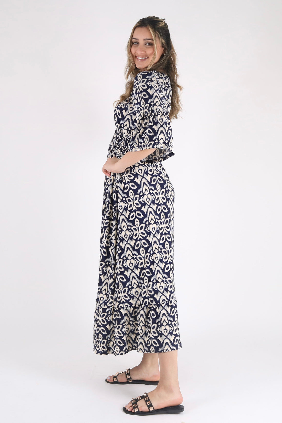 Elasticated Shirred Waist Baroque Maxi Dress - Pinstripe