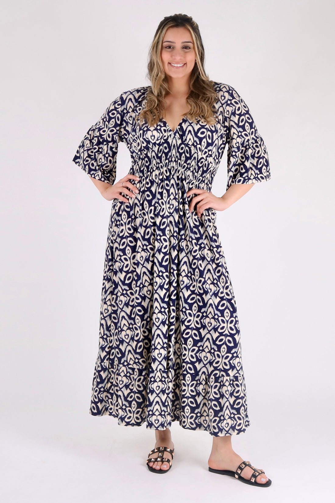 Elasticated Shirred Waist Baroque Maxi Dress – Pinstripe