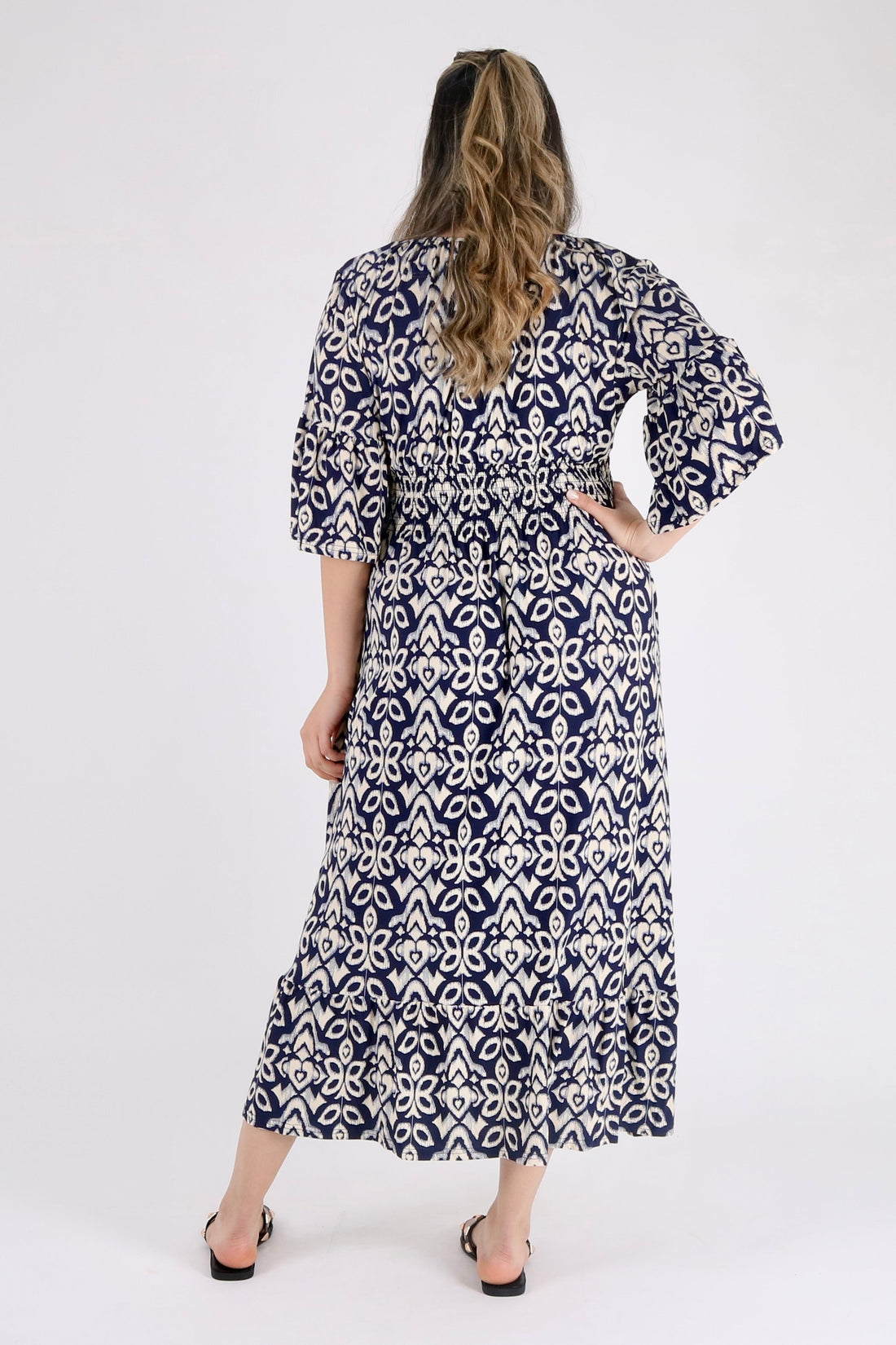 Elasticated Shirred Waist Baroque Maxi Dress - Pinstripe