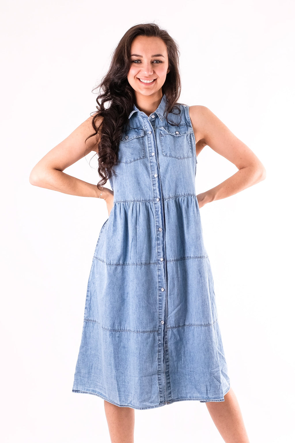 Emily-Mae - Sleeveless Denim Midi Dress - Pinstripe