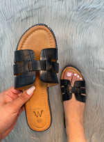 Load image into Gallery viewer, Evileen - Faux Leather Cut Out Strap Slip On Sliders - Pinstripe
