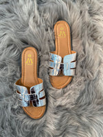 Load image into Gallery viewer, Evileen - Faux Leather Cut Out Strap Slip On Sliders - Pinstripe
