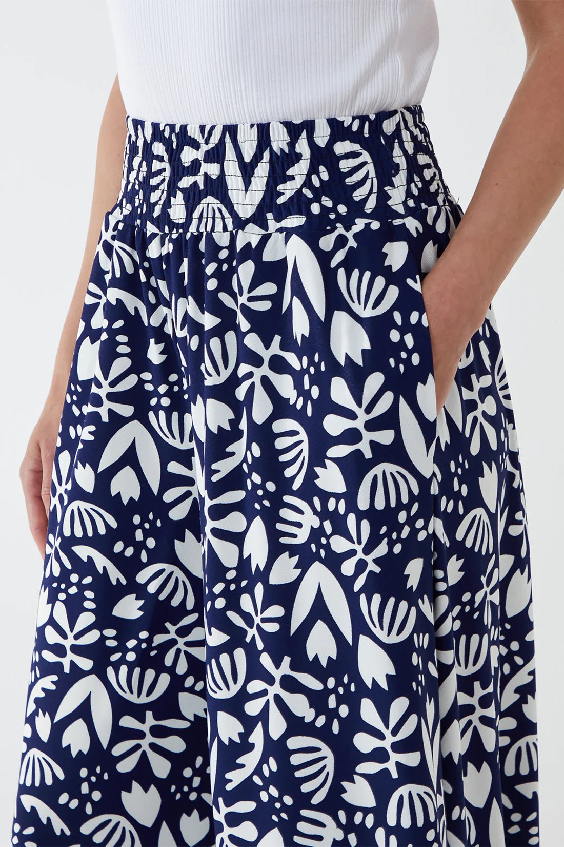 Floral Shirring Waist Wide Leg Trouser - Pinstripe