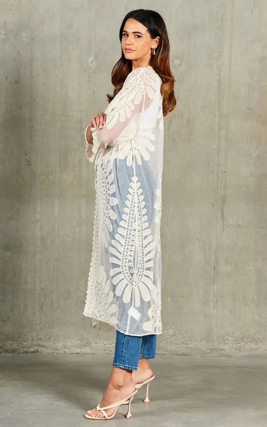 Georgie - Long Line Short Sleeve Embroidered Kimono - Pinstripe