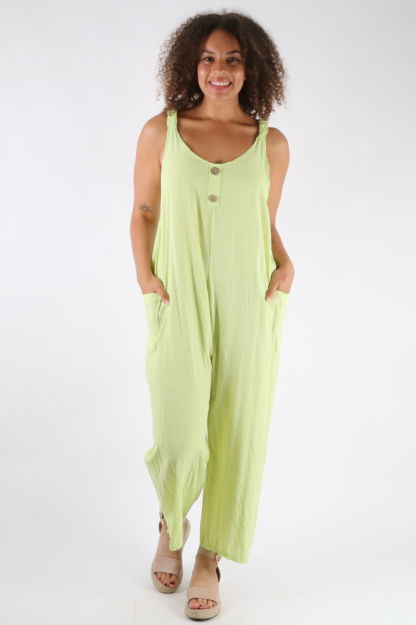 Hollie - Pinstripe Button Detailed Dungarees - Pinstripe