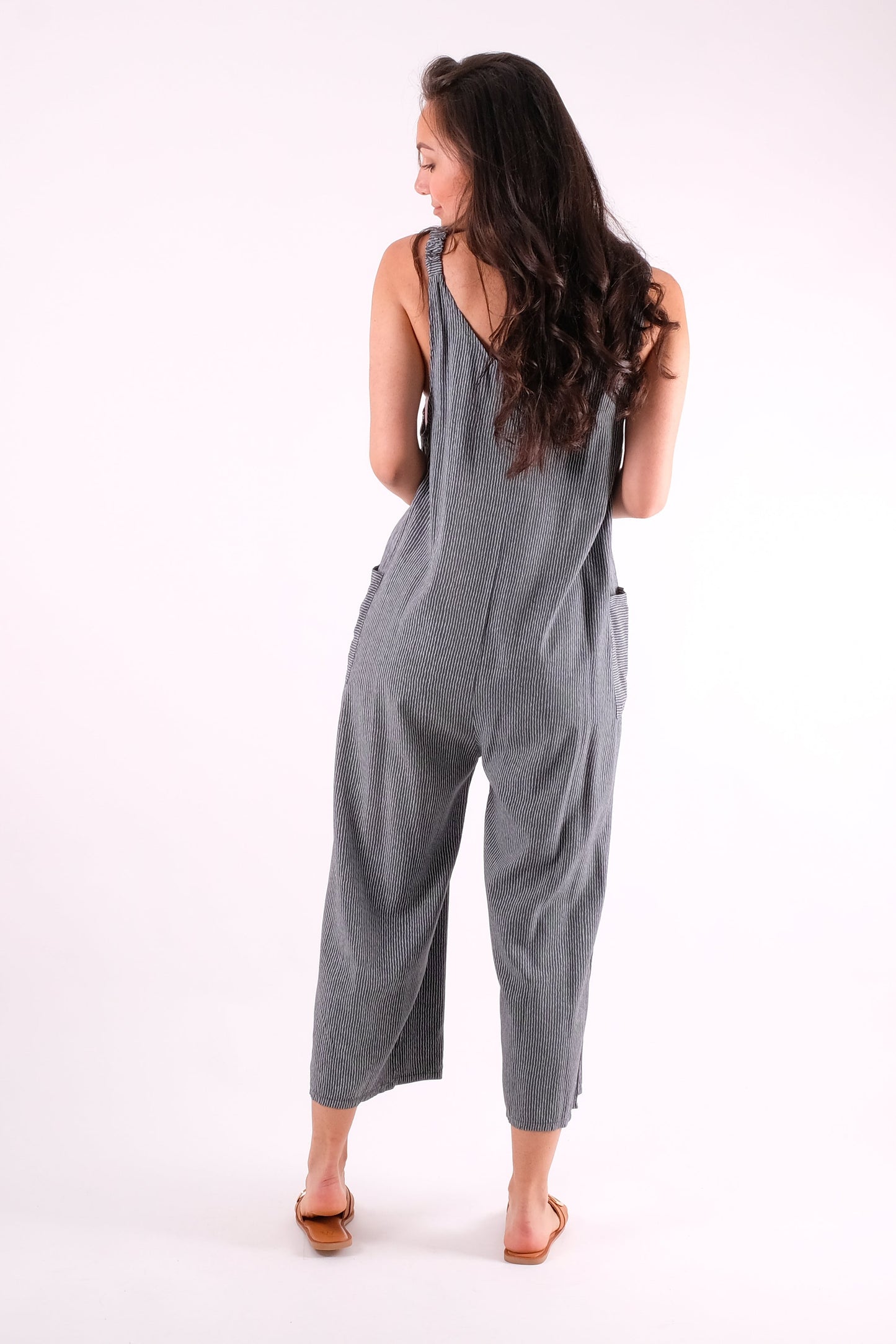 Hollie - Pinstripe Button Detailed Dungarees - Pinstripe