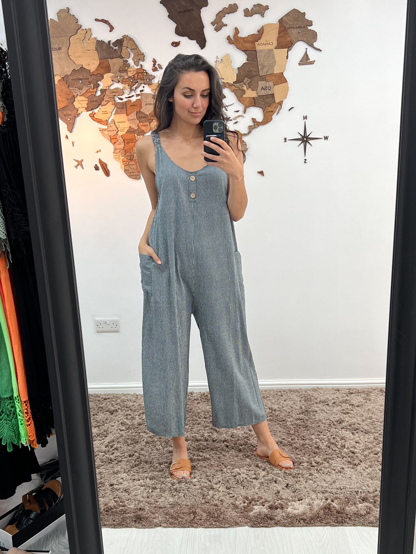 Hollie - Pinstripe Button Detailed Dungarees - Pinstripe