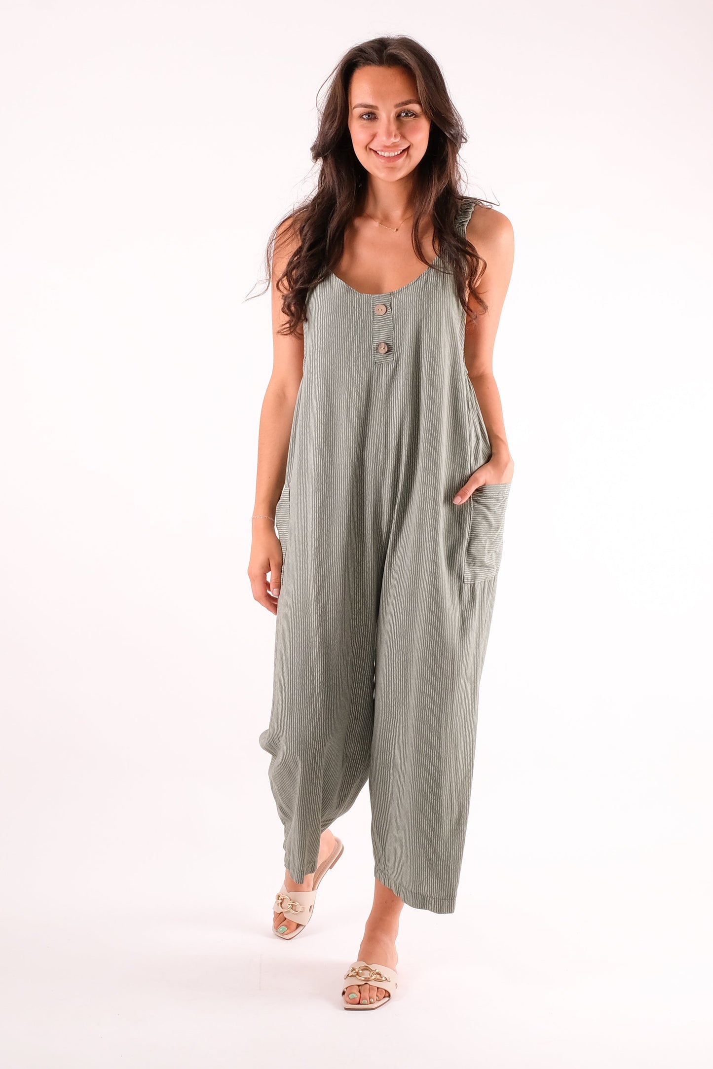 Hollie - Pinstripe Button Detailed Dungarees - Pinstripe