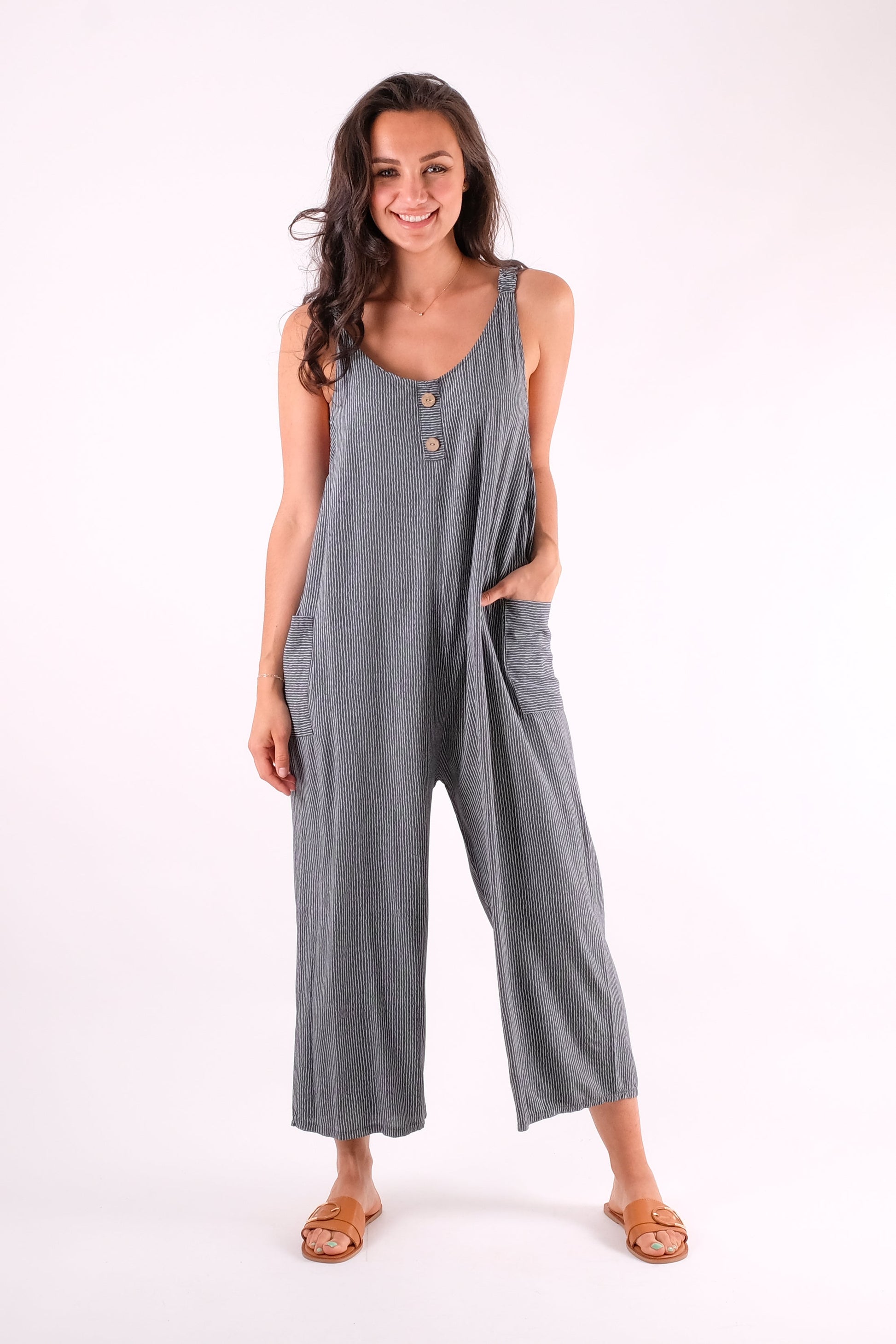 Hollie - Pinstripe Button Detailed Dungarees - Pinstripe