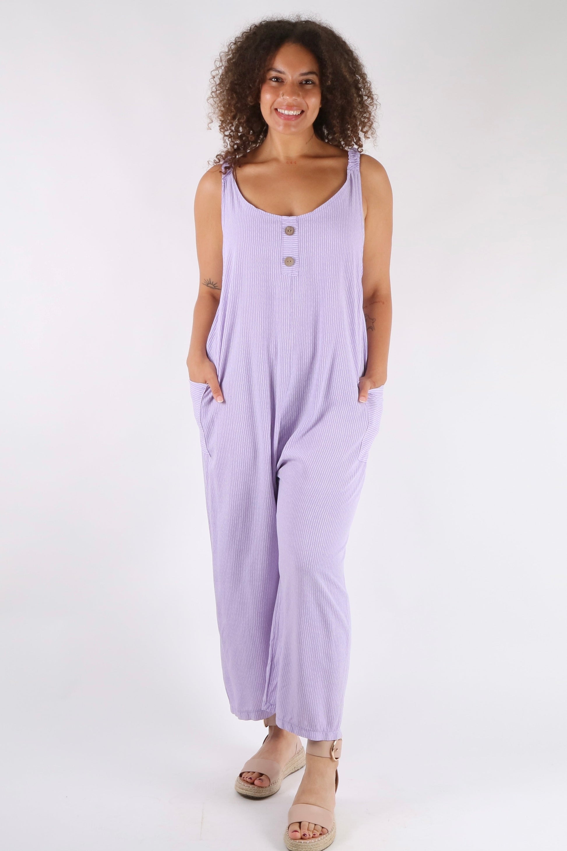 Hollie - Pinstripe Button Detailed Dungarees - Pinstripe