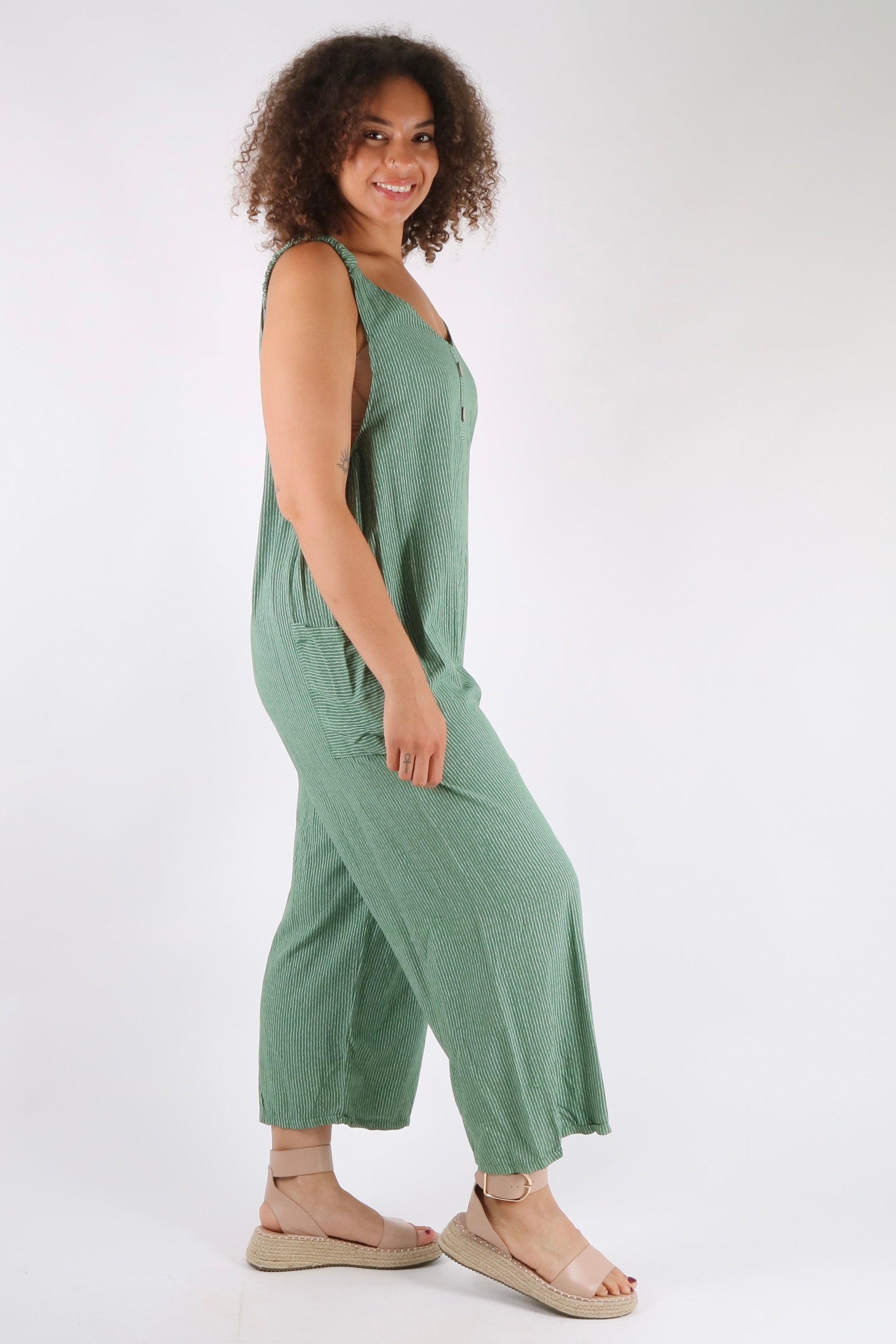 Hollie - Pinstripe Button Detailed Dungarees - Pinstripe