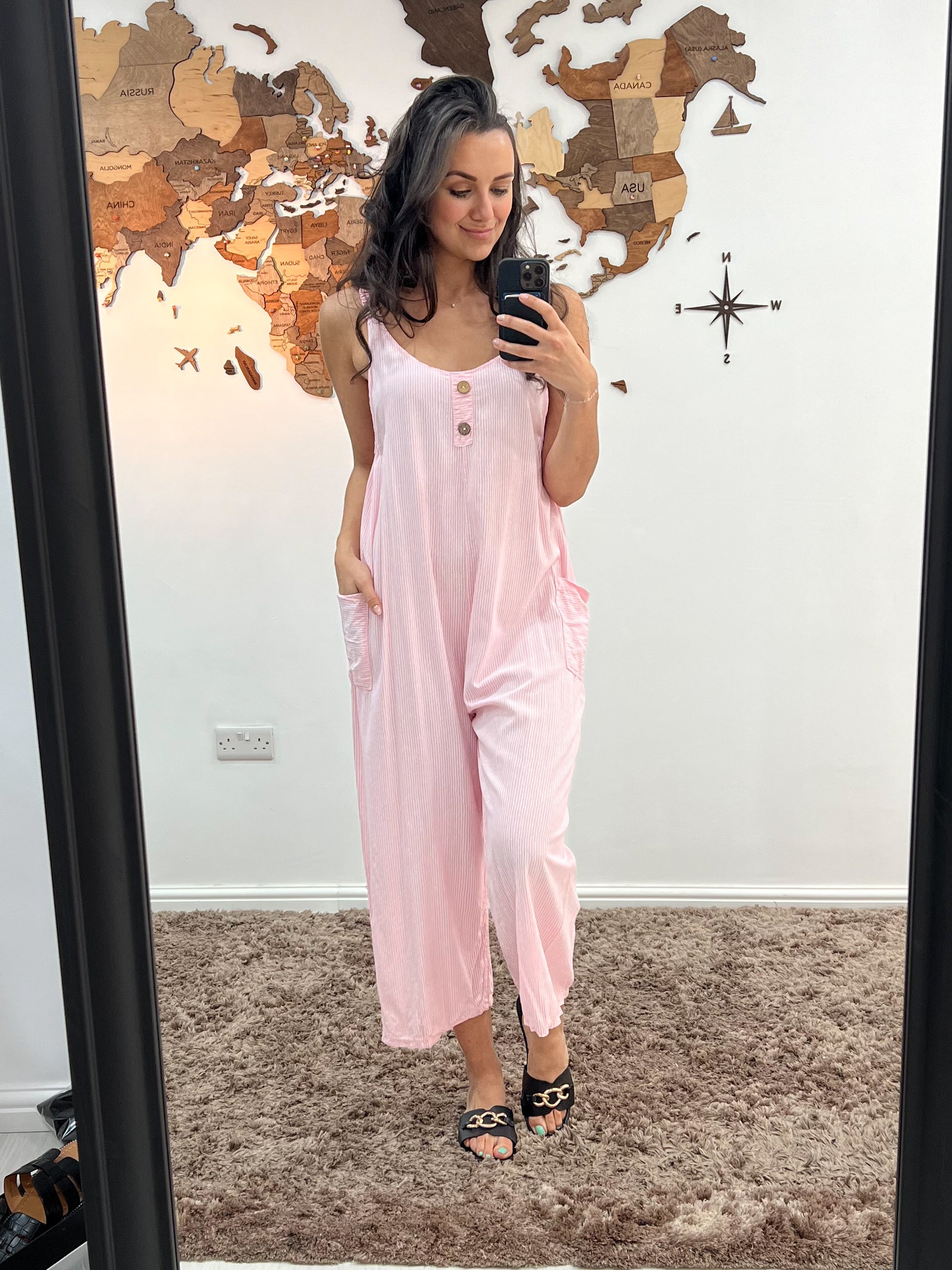 Hollie - Pinstripe Button Detailed Dungarees - Pinstripe