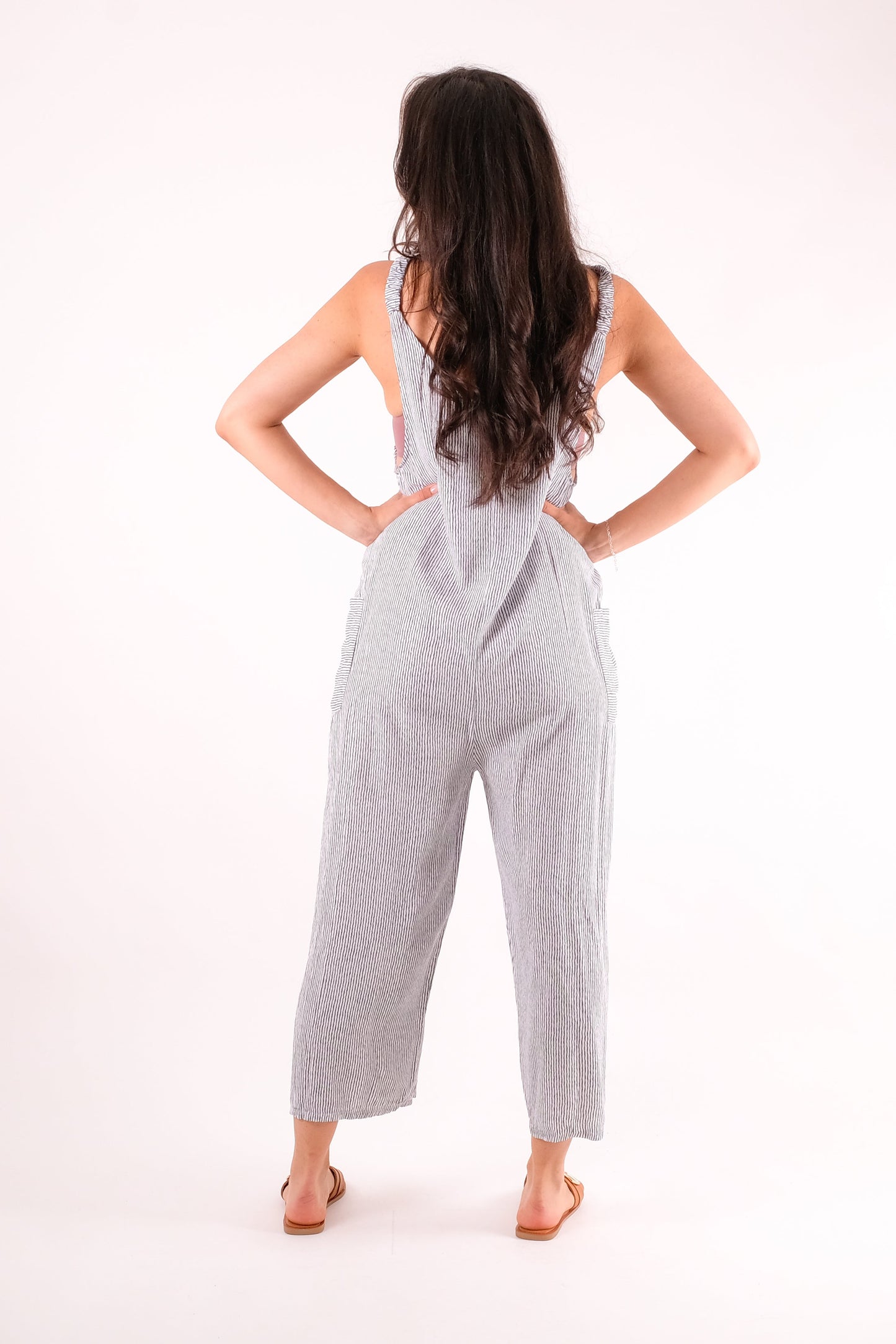 Hollie - Pinstripe Button Detailed Dungarees - Pinstripe