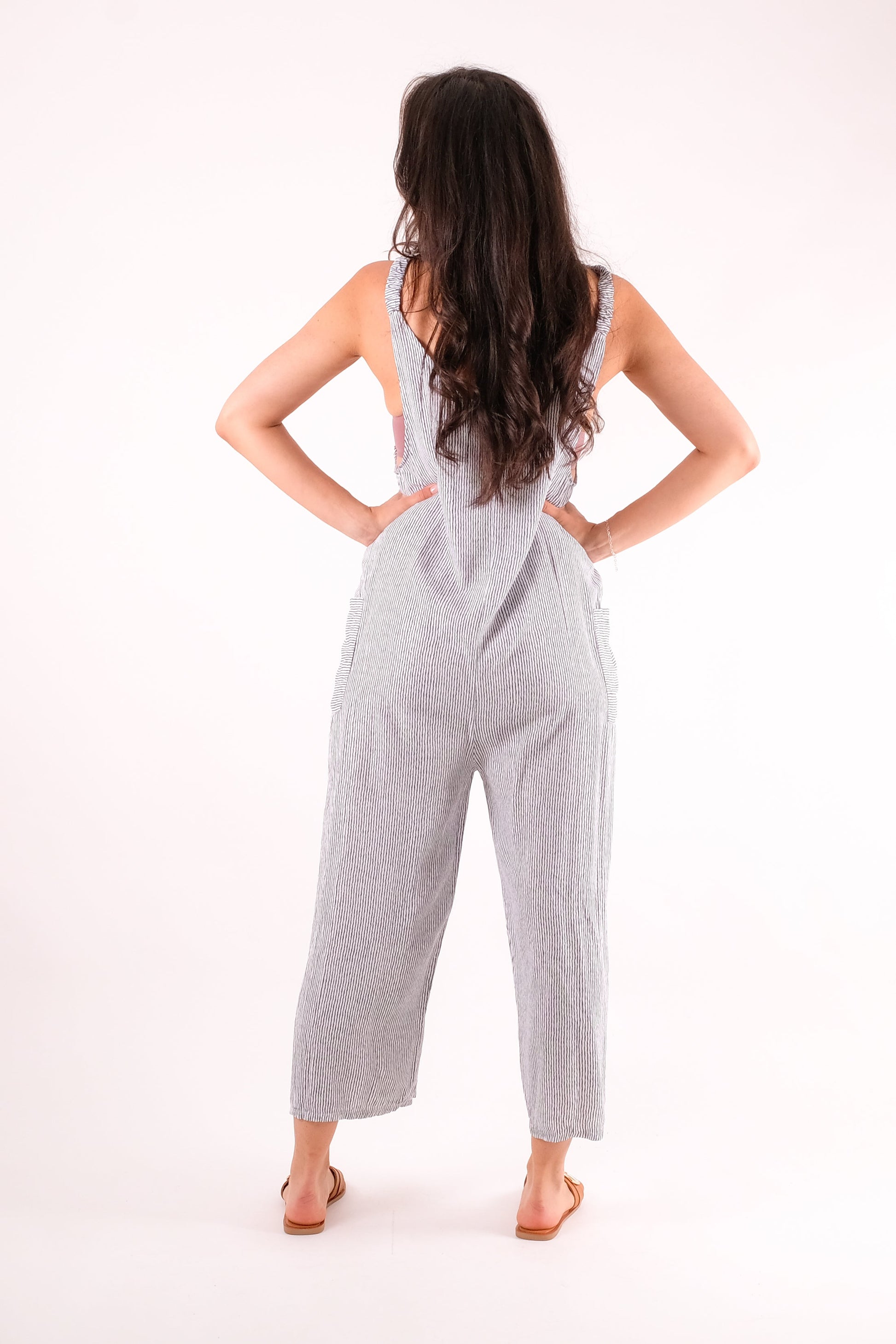 Hollie - Pinstripe Button Detailed Dungarees - Pinstripe