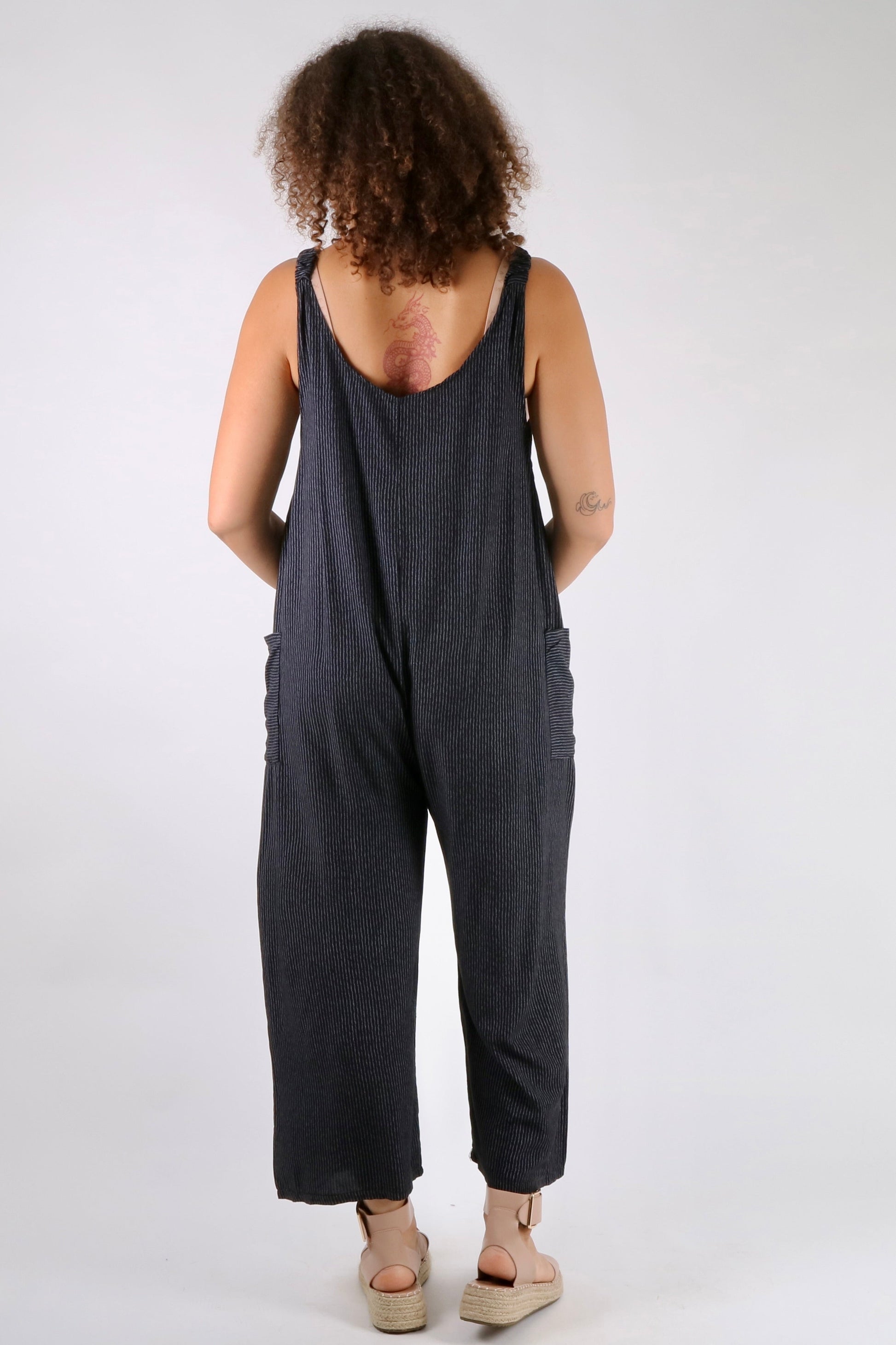 Hollie - Pinstripe Button Detailed Dungarees - Pinstripe