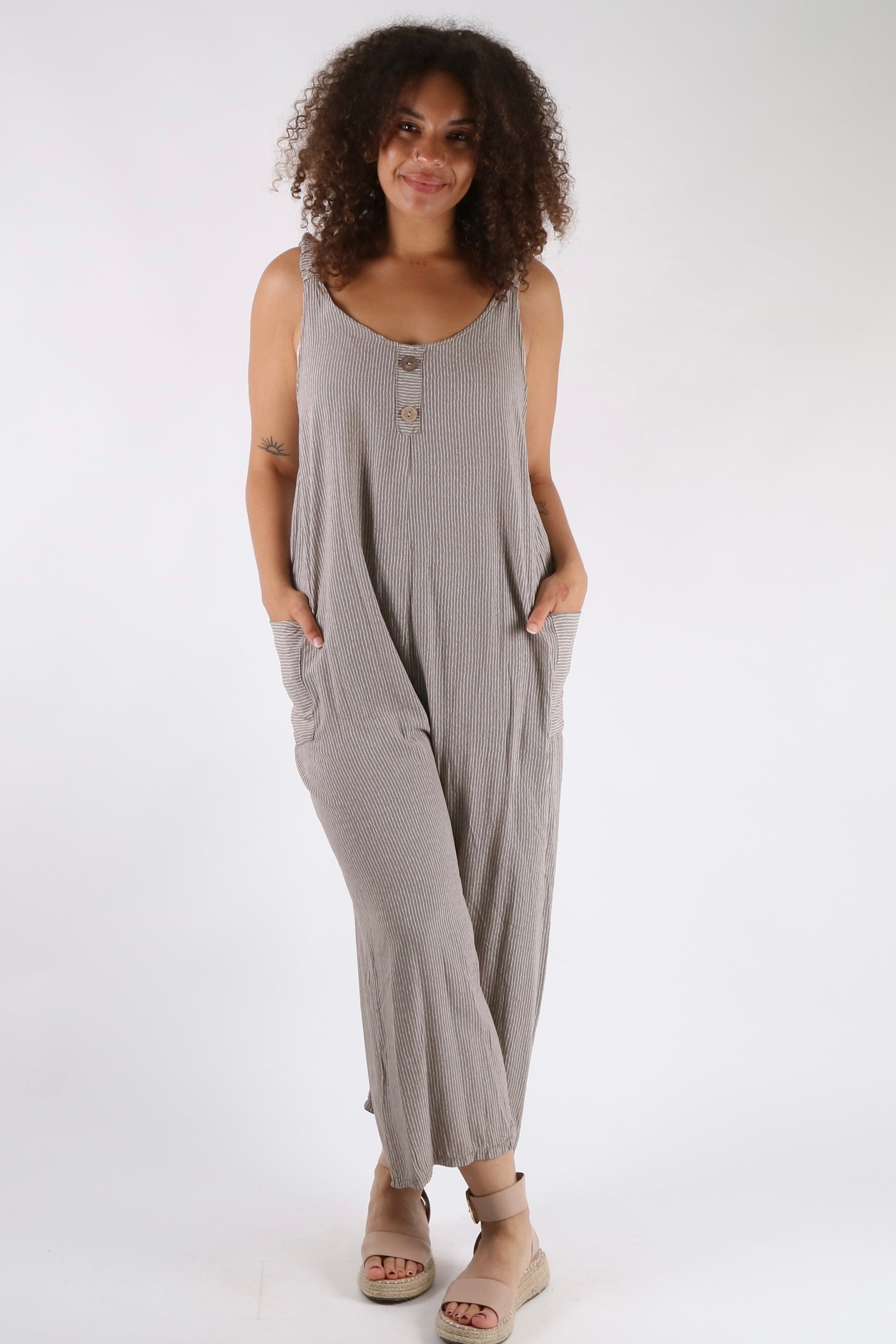 Hollie - Pinstripe Button Detailed Dungarees - Pinstripe