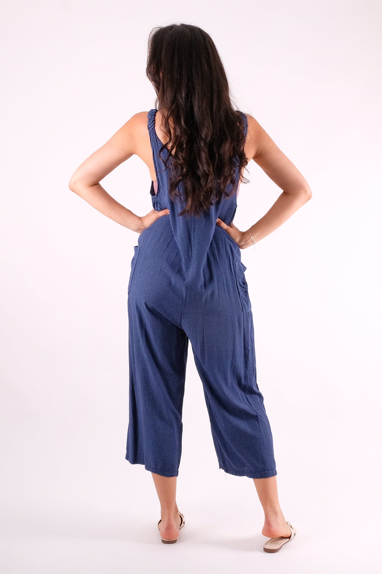 Hollie - Pinstripe Button Detailed Dungarees - Pinstripe