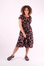 Load image into Gallery viewer, Jenna - Shirring Button Detailed Floral Print Midi Dress - Pinstripe
